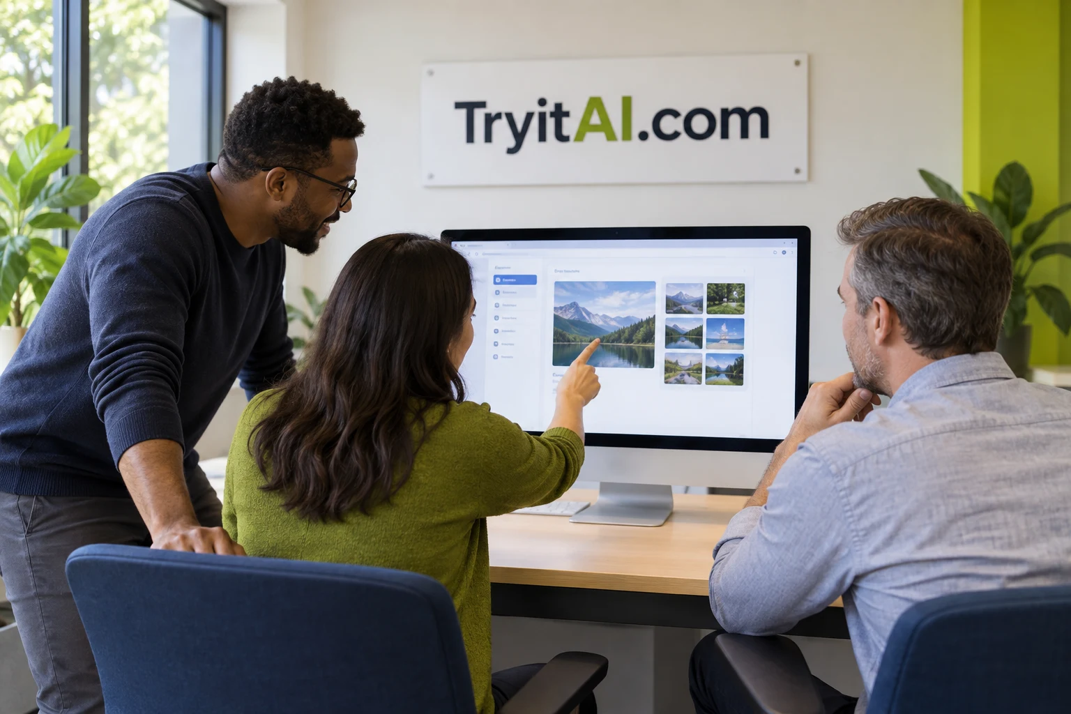 A small team works through an AI exercise beneath a TryitAI.com sign.