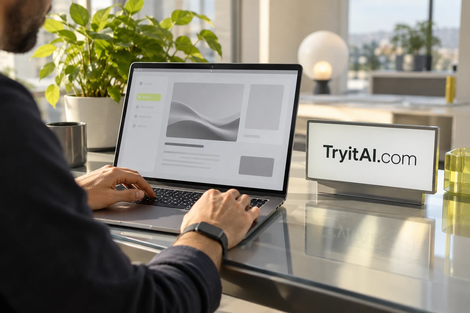AI software exploration at a laptop with a TryitAI.com display.
